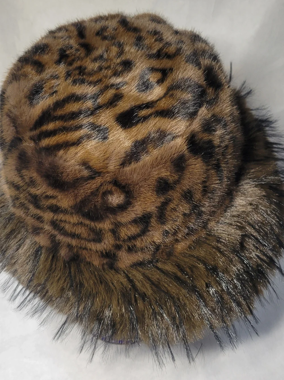 LA Carrie Faux Fur Leopard Print Bucket Hat in Brown